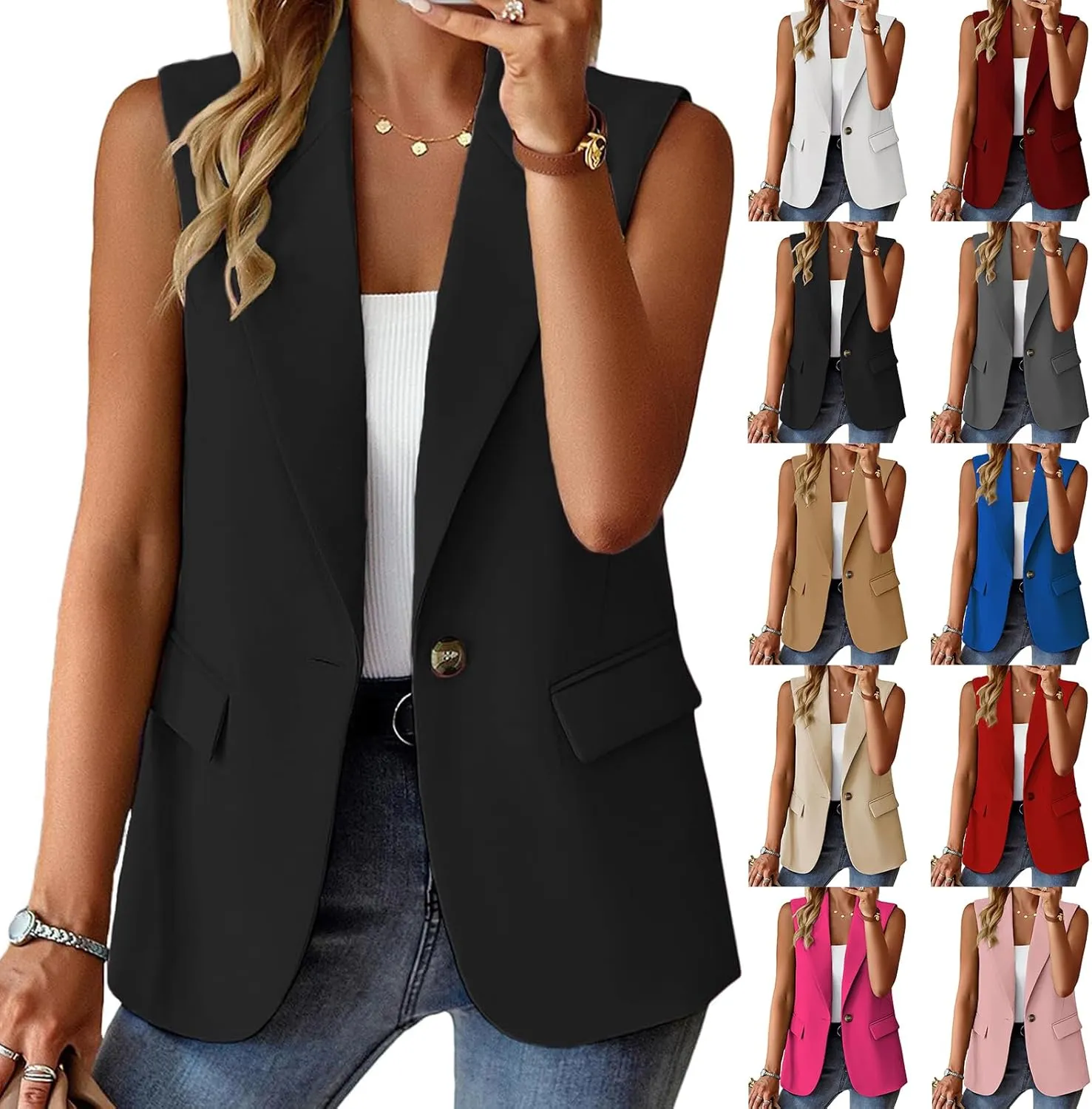 Women's Sleeveless Blazers Business Casual Blazer Vest Open Front Blazers Suit Work Office Waistcoat Lapel Jacket Vests