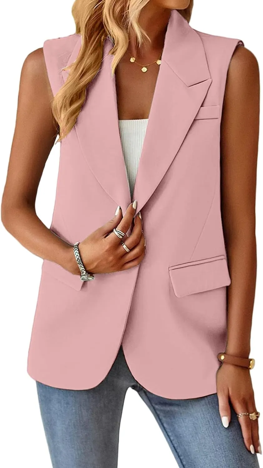 Women's Sleeveless Blazers Business Casual Blazer Vest Open Front Blazers Suit Work Office Waistcoat Lapel Jacket Vests