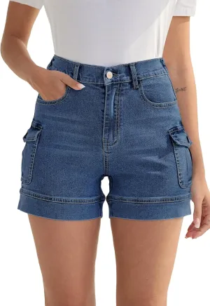 Women's Stretchy Cargo Jean Shorts High Waisted Casual Summer Denim Shorts with Pockets