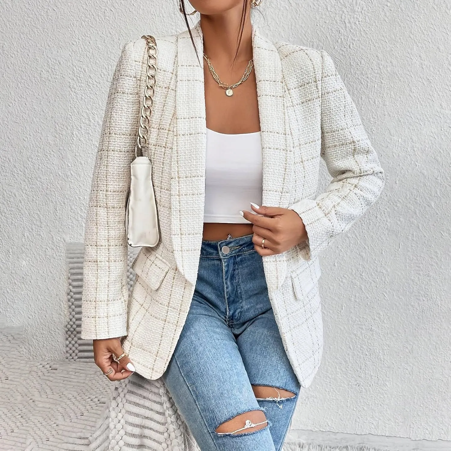 Women's Summer Blazer 3/4 Sleeve Pocket Lapel Vertical Lines Elegant Trendy Elegant Solid Color Stylish Suit Jackets