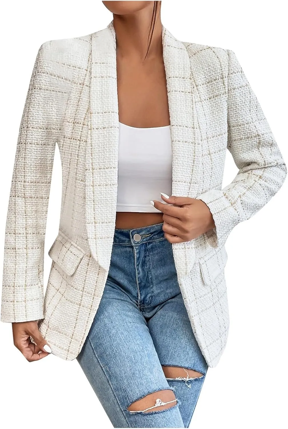 Women's Summer Blazer 3/4 Sleeve Pocket Lapel Vertical Lines Elegant Trendy Elegant Solid Color Stylish Suit Jackets