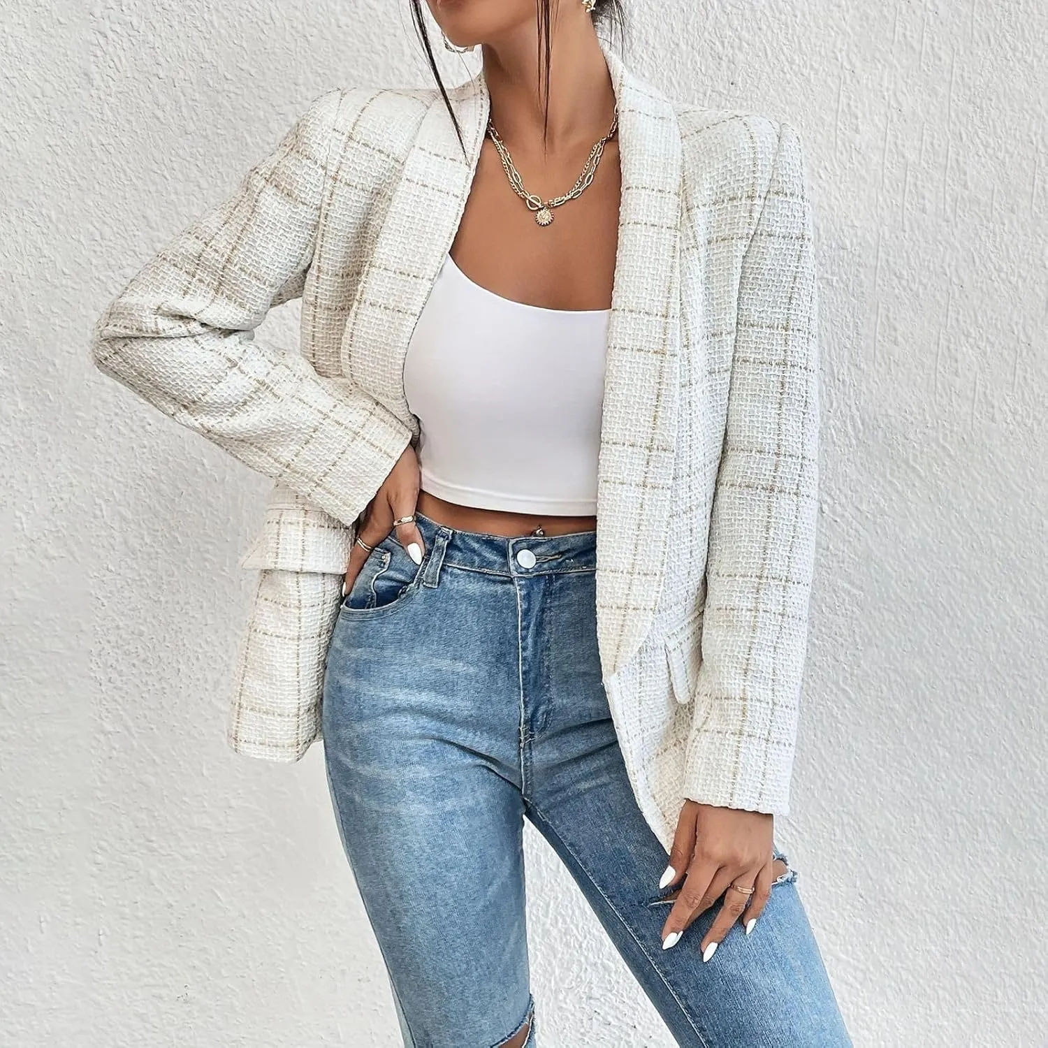 Women's Summer Blazer 3/4 Sleeve Pocket Lapel Vertical Lines Elegant Trendy Elegant Solid Color Stylish Suit Jackets