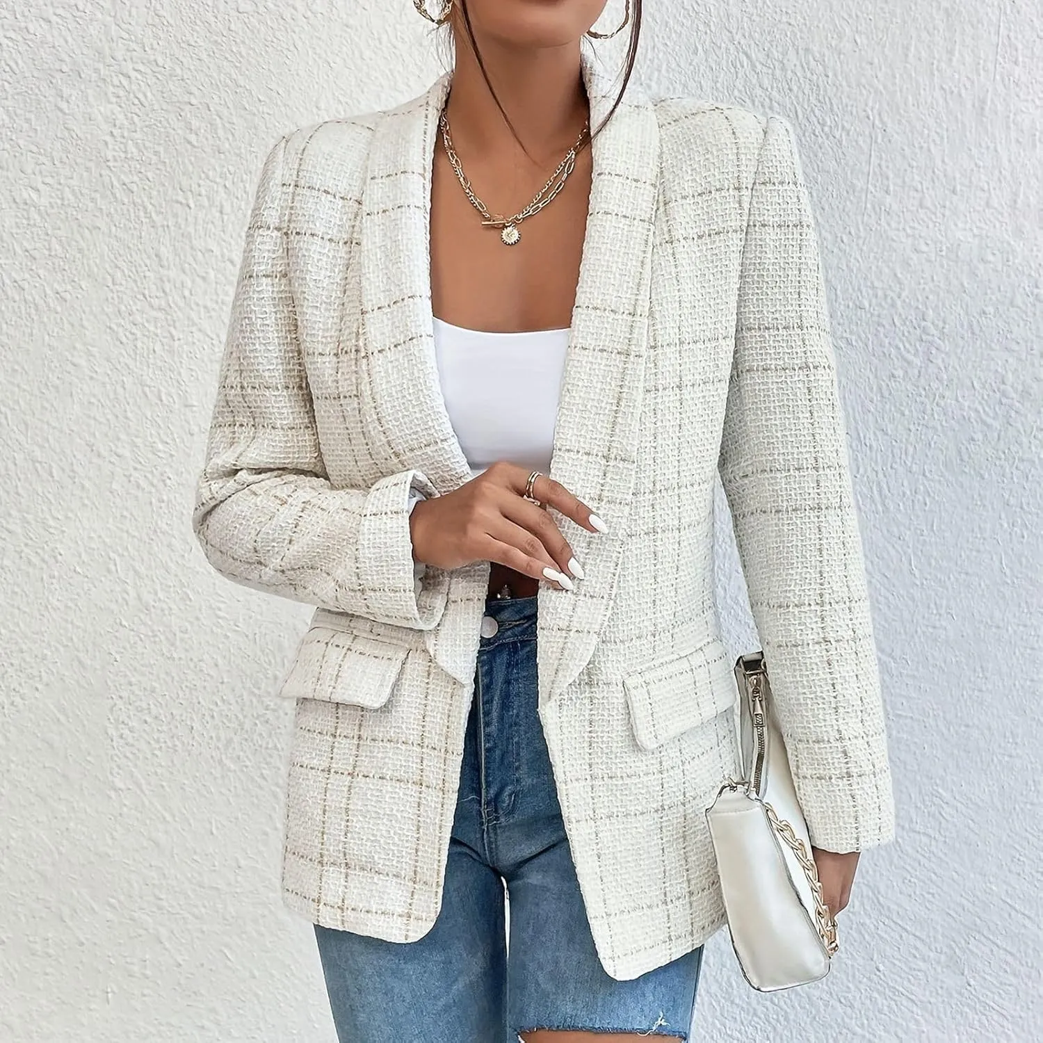 Women's Summer Blazer 3/4 Sleeve Pocket Lapel Vertical Lines Elegant Trendy Elegant Solid Color Stylish Suit Jackets