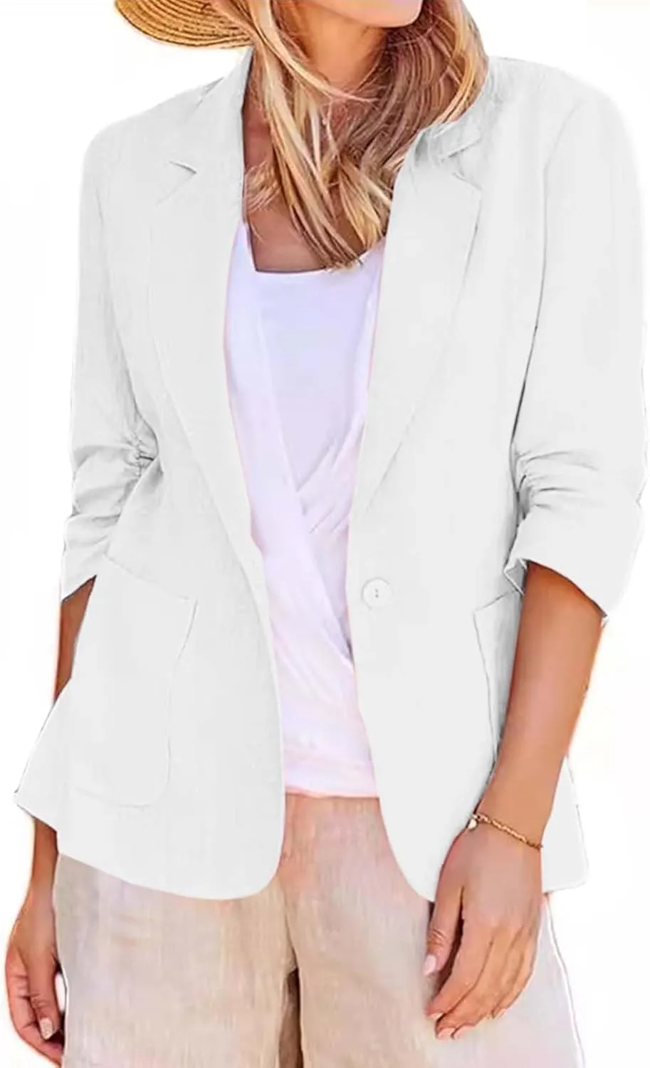 Women's Summer Blazer Button 3/4 Sleeve Pocket Lapel Work Jacket Convenient Comfort Fit Fashion Suit Jackets