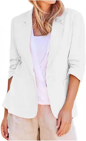 Women's Summer Blazer Button 3/4 Sleeve Pocket Lapel Work Jacket Convenient Comfort Fit Fashion Suit Jackets