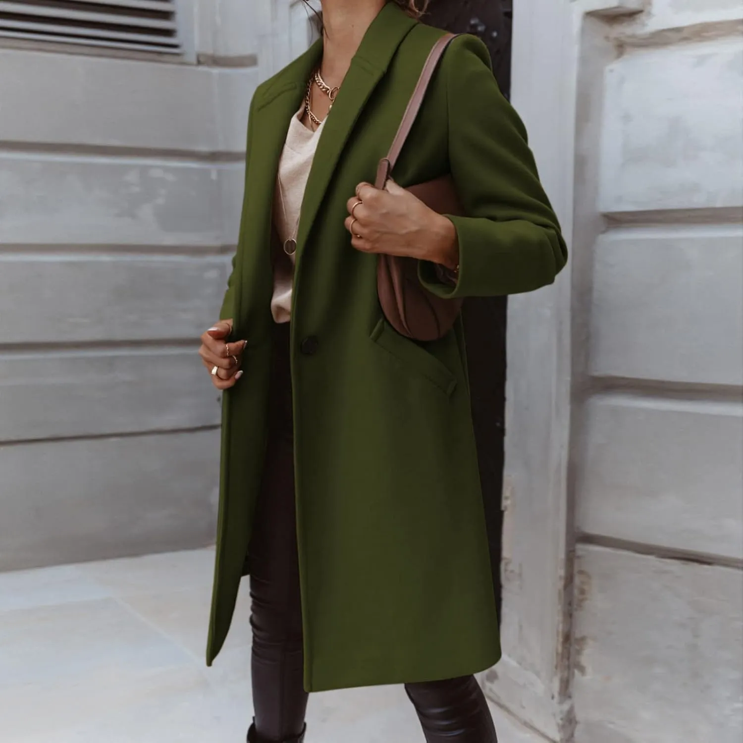 Women's Summer Blazer Lapel Long Sleeve Pocket Mid-Length Work Jacket Elegant Temperament Simple Dressy Suit Jackets