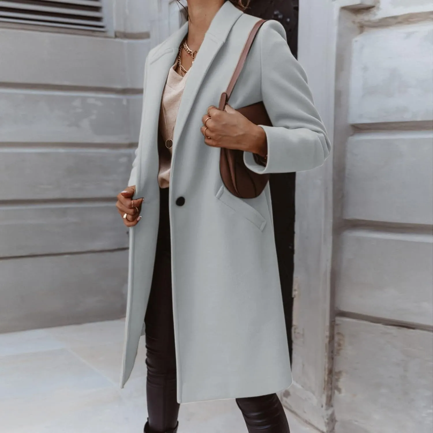 Women's Summer Blazer Lapel Long Sleeve Pocket Mid-Length Work Jacket Elegant Temperament Simple Dressy Suit Jackets