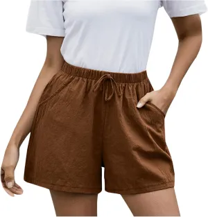 Womens Summer Casual Shorts 2024 Trendy Elastic High Waisted Cotton Linen Shorts Loose Lightweight Shorts with Pocket