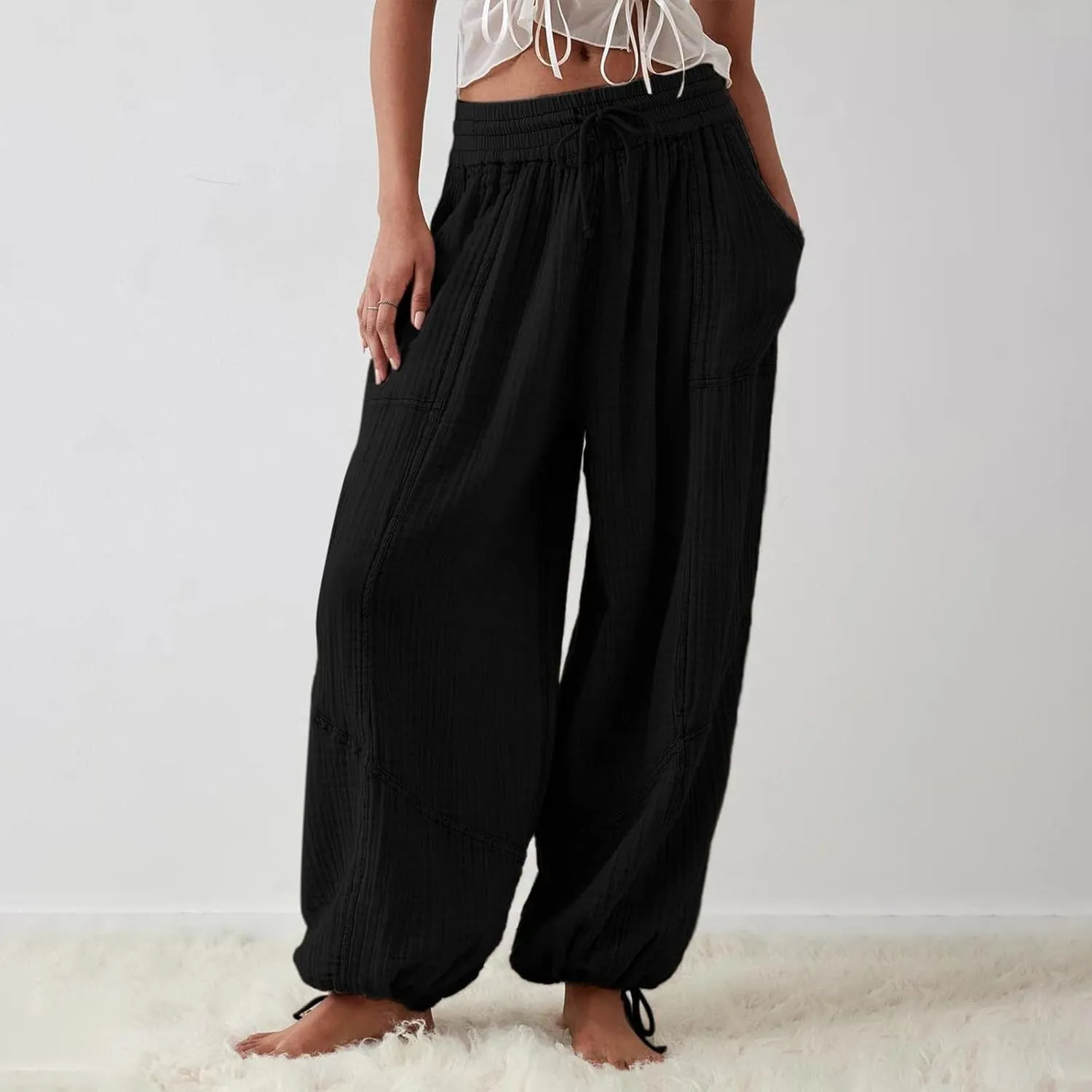 Women's Summer Lightweight Elastic High Waist Athletic Yoga Pants Business Casual Stylish Flowy Comfy Straight Leg Trousers