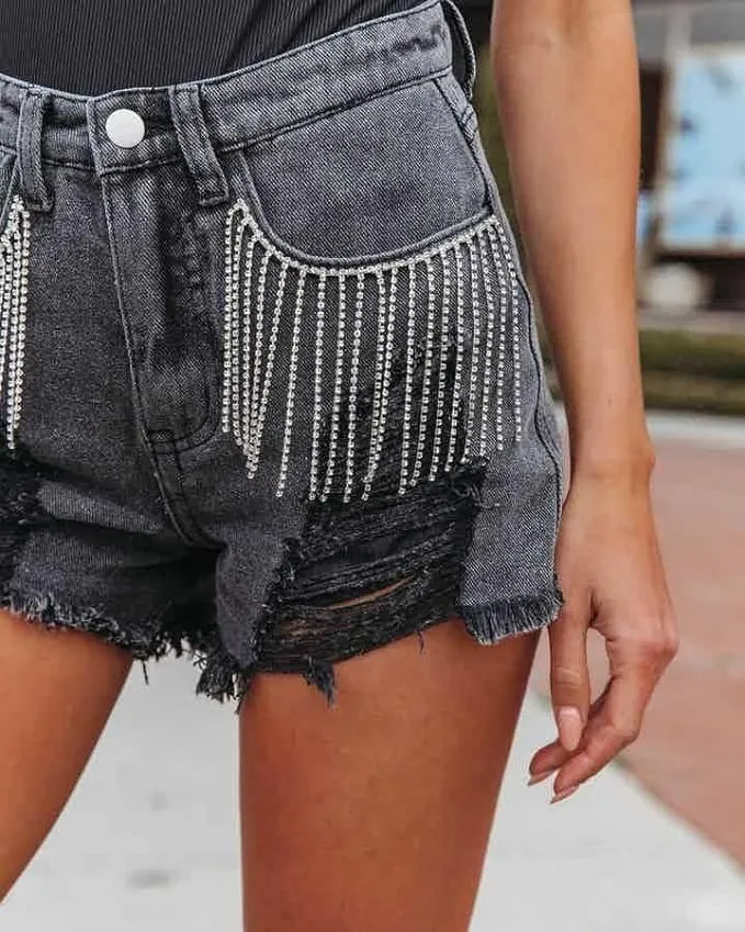 Womens Summer Rhinestone Tassel Jean Denim Shorts Ripped Tassel High Waist Jean Shorts