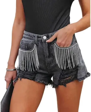 Womens Summer Rhinestone Tassel Jean Denim Shorts Ripped Tassel High Waist Jean Shorts