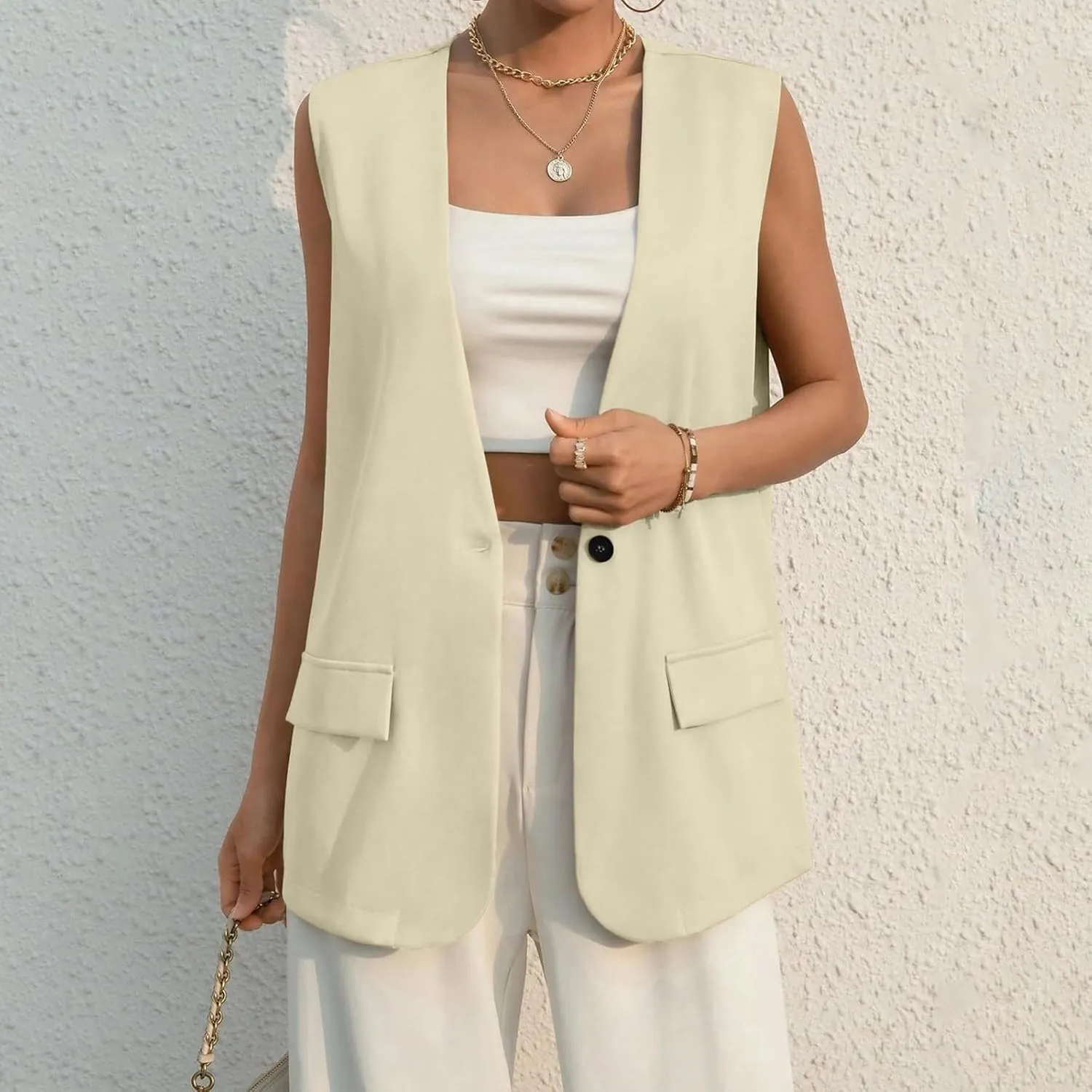 Women's Summer Vest Jacket Casual One Button Open Front Sleeveless Blazers Elegant Loose Solid Color Office Vests