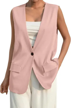 Women's Summer Vest Jacket Casual One Button Open Front Sleeveless Blazers Elegant Loose Solid Color Office Vests