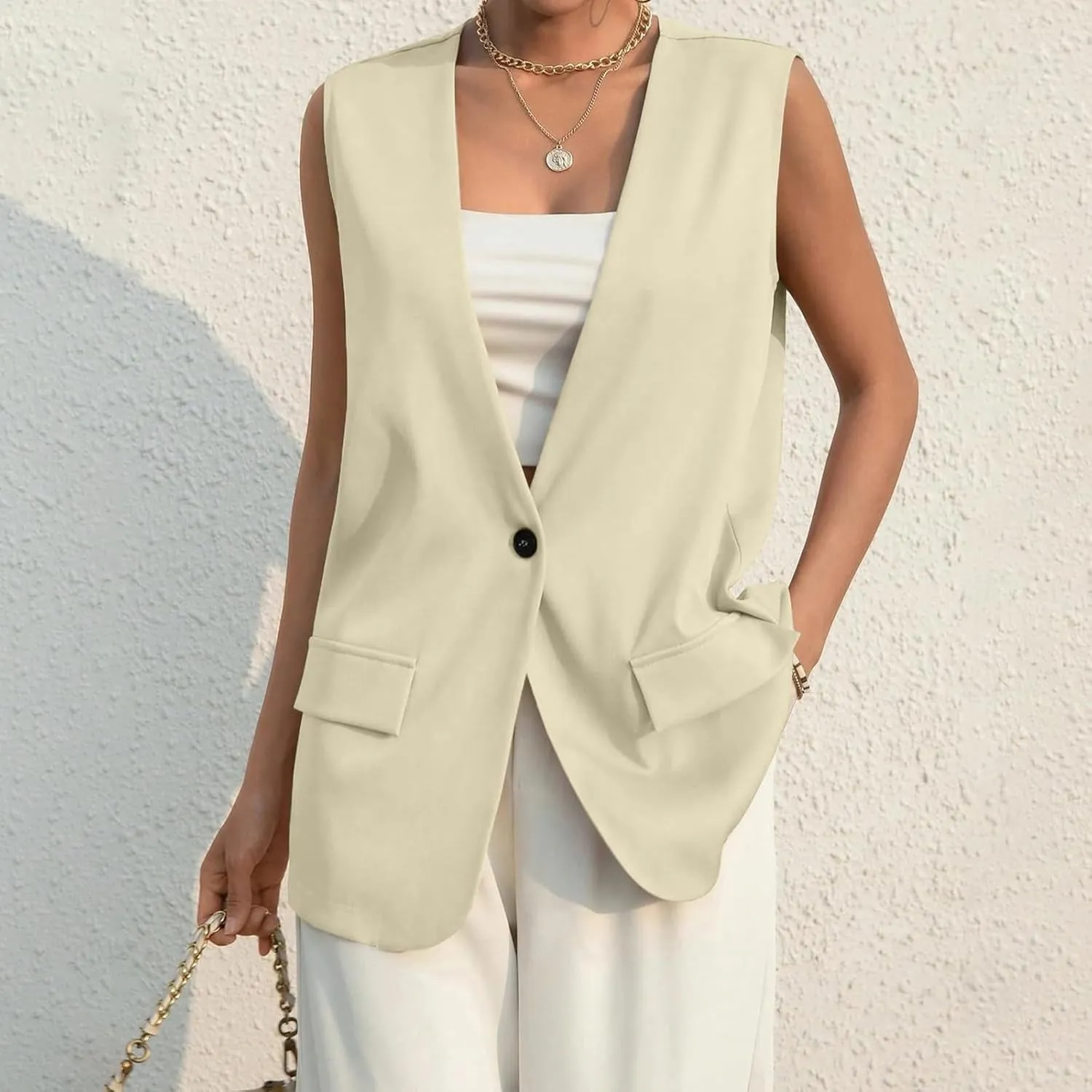 Women's Summer Vest Jacket Casual One Button Open Front Sleeveless Blazers Elegant Loose Solid Color Office Vests