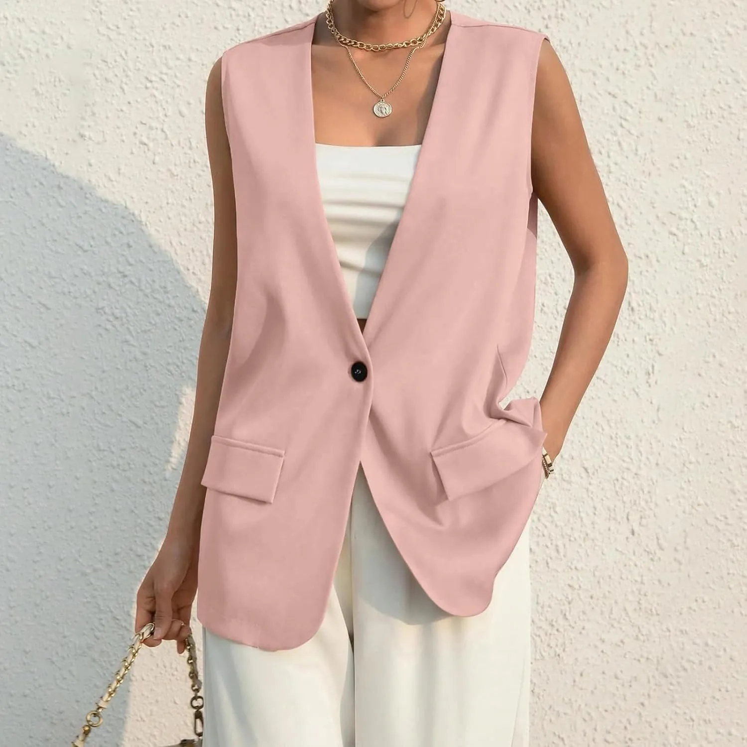 Women's Summer Vest Jacket Casual One Button Open Front Sleeveless Blazers Elegant Loose Solid Color Office Vests