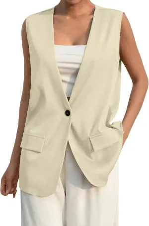 Women's Summer Vest Jacket Casual One Button Open Front Sleeveless Blazers Elegant Loose Solid Color Office Vests