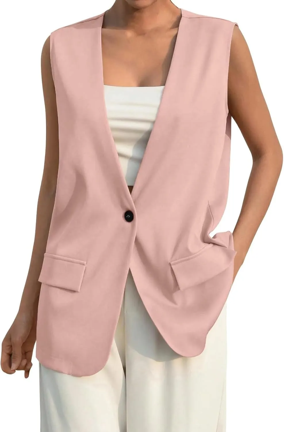 Women's Summer Vest Jacket Casual One Button Open Front Sleeveless Blazers Elegant Loose Solid Color Office Vests