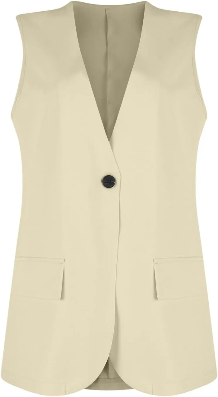 Women's Summer Vest Jacket Casual One Button Open Front Sleeveless Blazers Elegant Loose Solid Color Office Vests