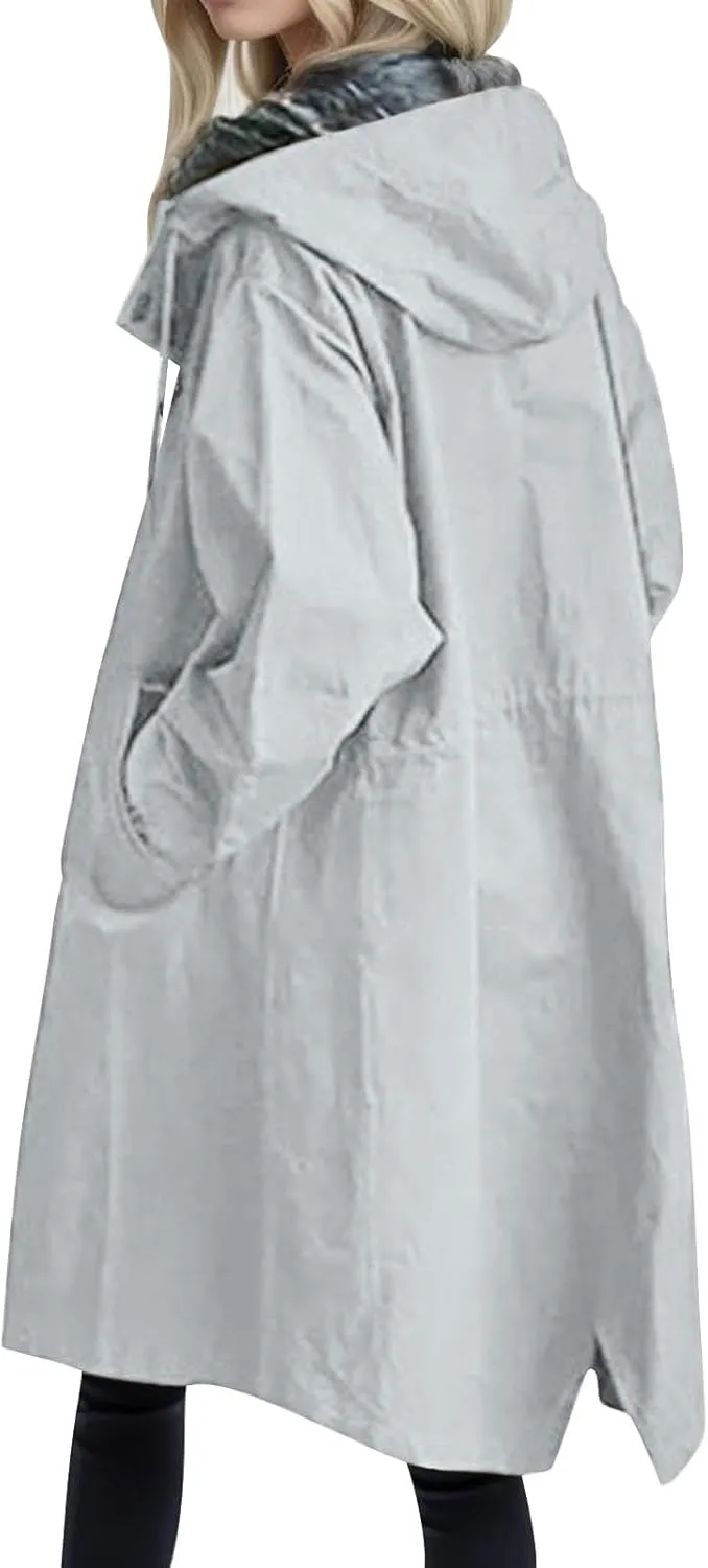 Womens Trench Coat Waterproof Women's Trench Jackets Rain Jacket Hooded Oversized Elegant Windbreaker Coat Outwear