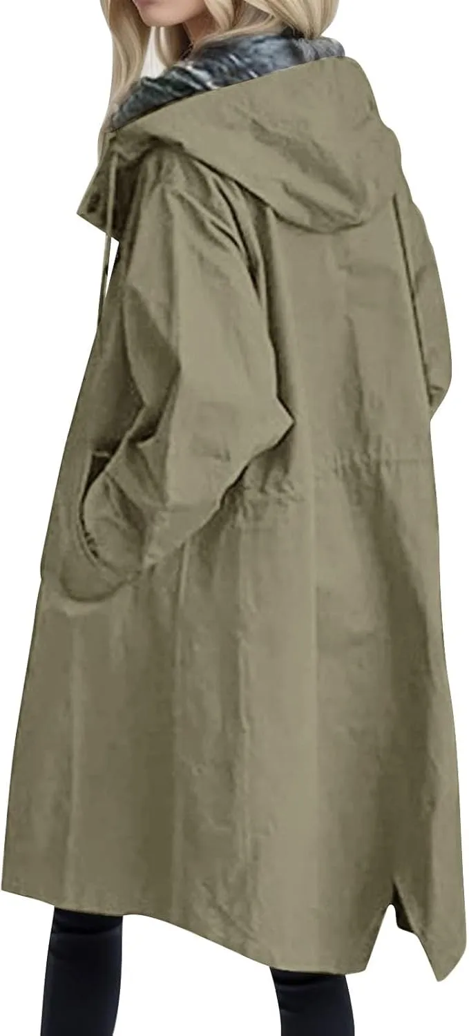 Womens Trench Coat Waterproof Women's Trench Jackets Rain Jacket Hooded Oversized Elegant Windbreaker Coat Outwear