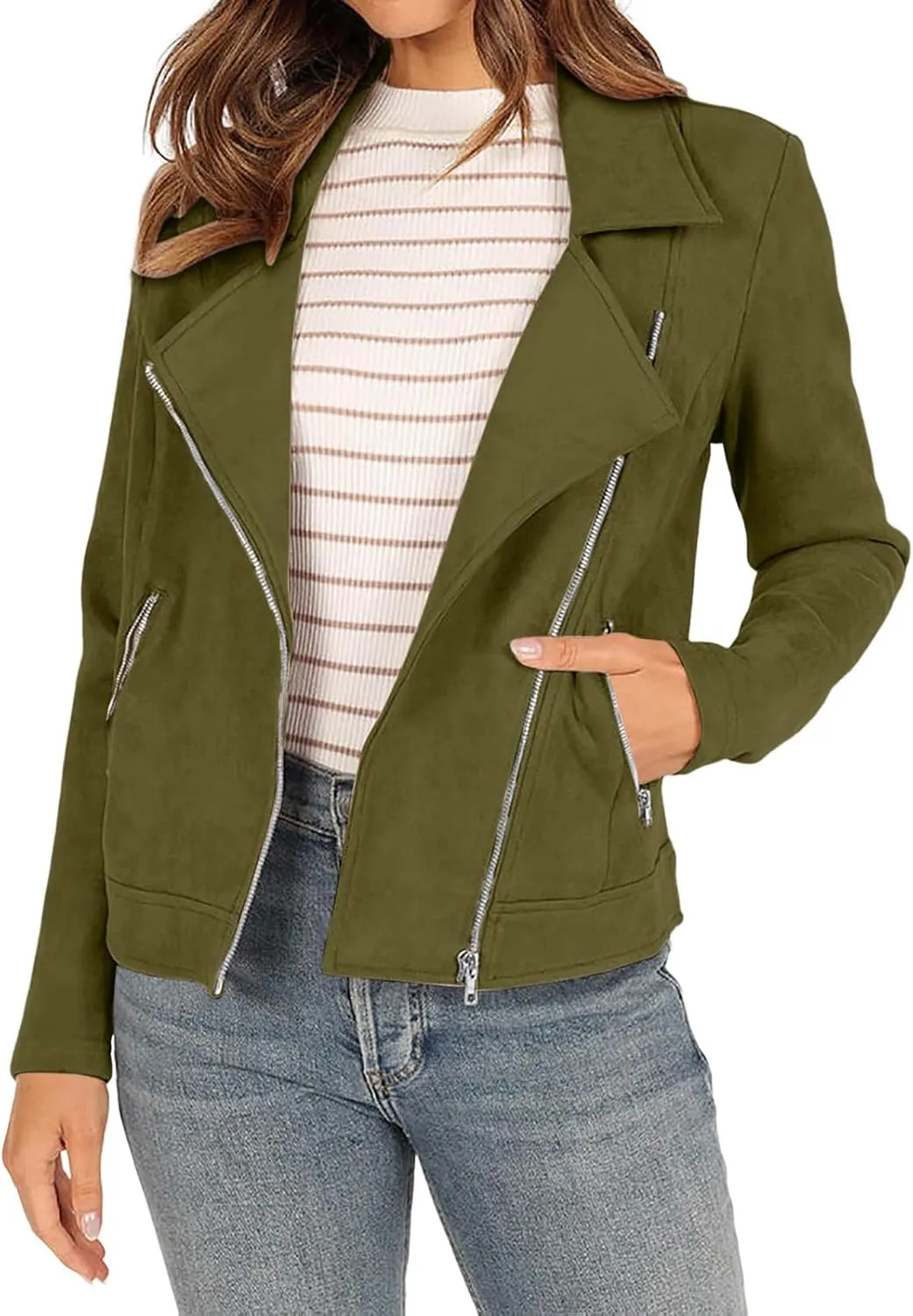 Womens Trendy Coats 2024 Fall Biker Moto Jacket Fashion Long Sleeve Zipper Short Casual Coat Streetwear Cropped Outwear