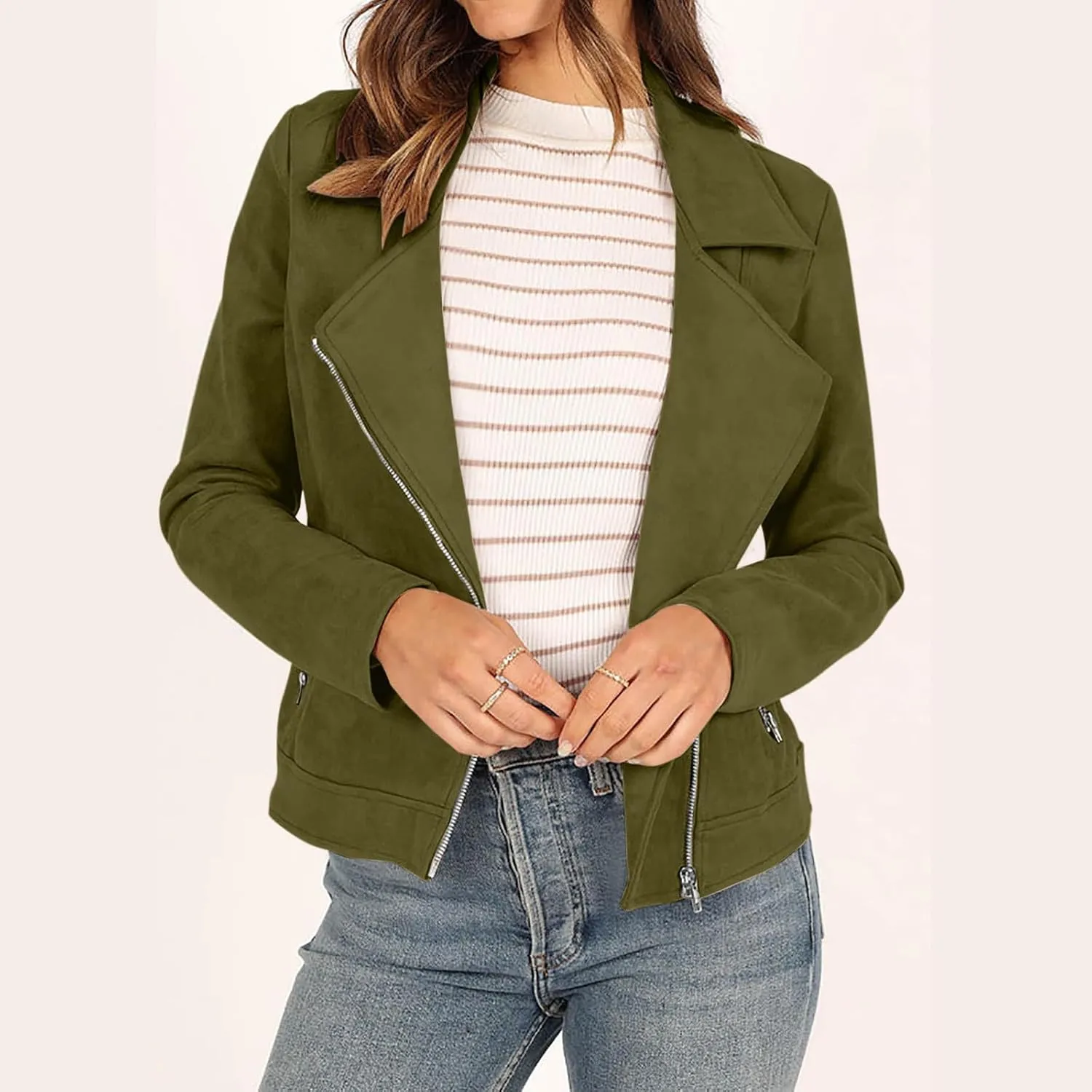 Womens Trendy Coats 2024 Fall Biker Moto Jacket Fashion Long Sleeve Zipper Short Casual Coat Streetwear Cropped Outwear