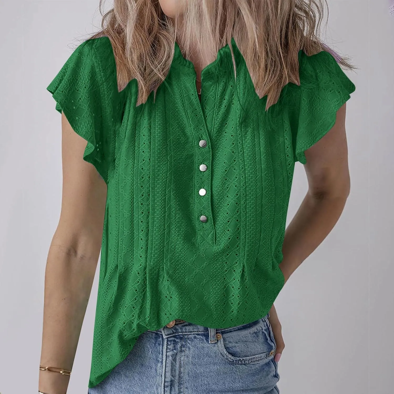 Women's Trendy Mesh Hollow Ventilate Tops Summer Casual Ruffle Sleeve Solid V Neck Button Shirt Daily Loose Top