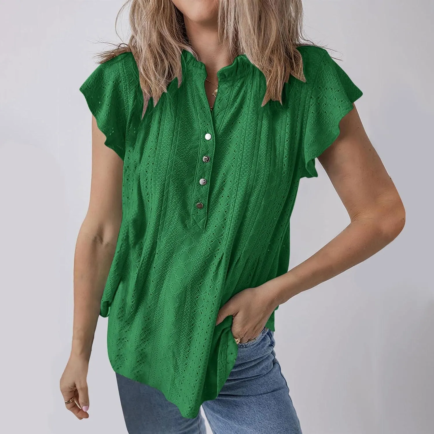 Women's Trendy Mesh Hollow Ventilate Tops Summer Casual Ruffle Sleeve Solid V Neck Button Shirt Daily Loose Top