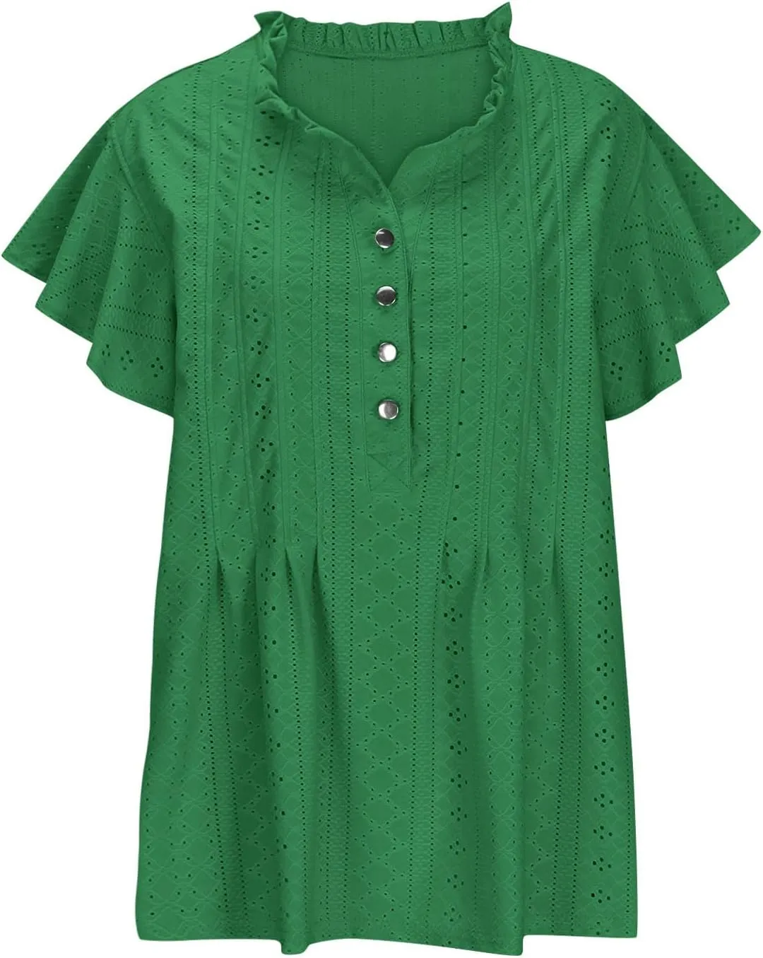 Women's Trendy Mesh Hollow Ventilate Tops Summer Casual Ruffle Sleeve Solid V Neck Button Shirt Daily Loose Top