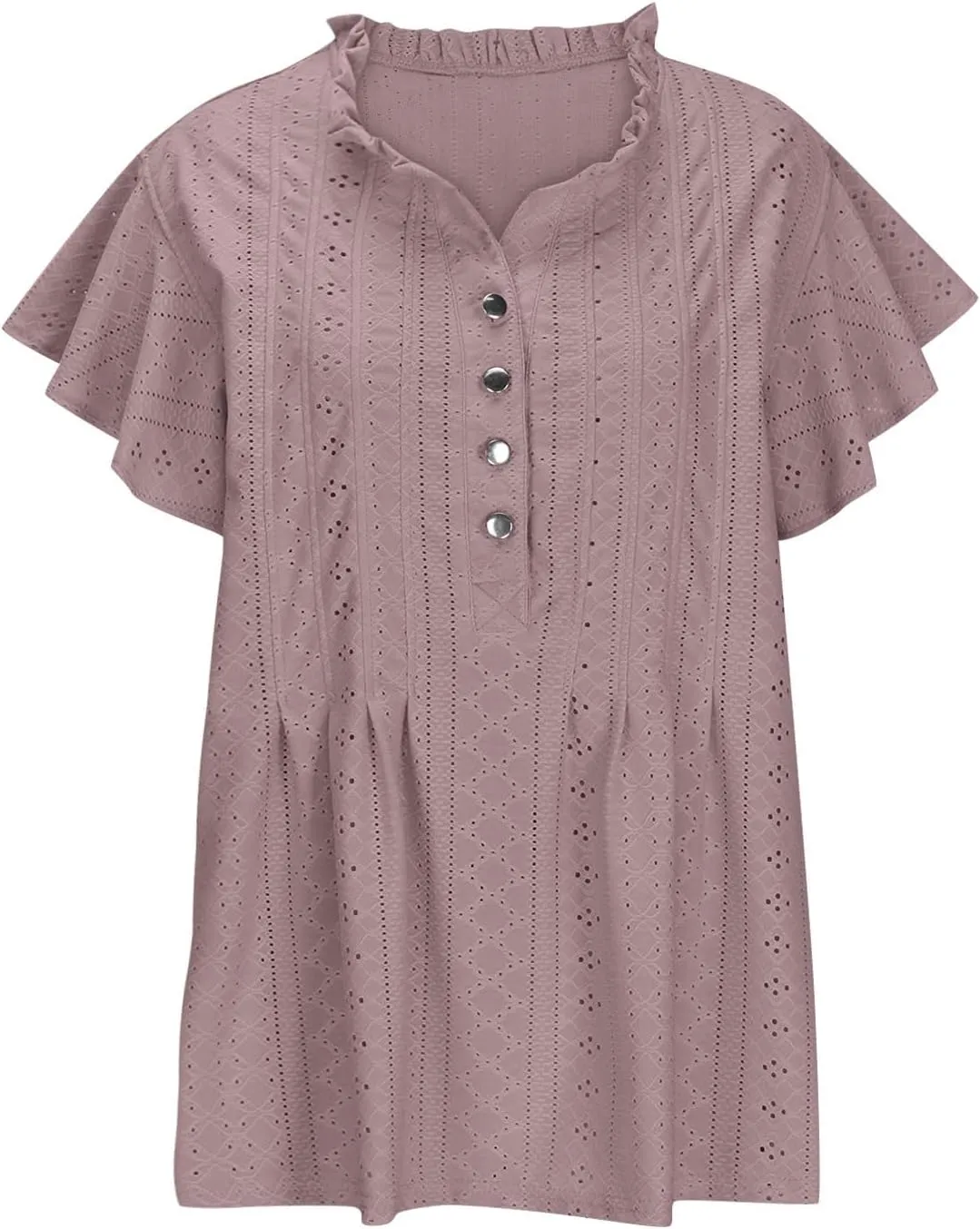 Women's Trendy Mesh Hollow Ventilate Tops Summer Casual Ruffle Sleeve Solid V Neck Button Shirt Daily Loose Top