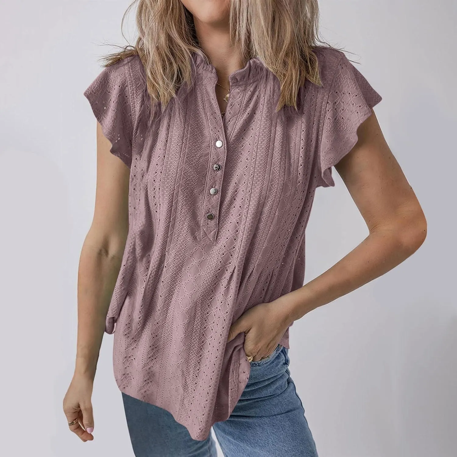Women's Trendy Mesh Hollow Ventilate Tops Summer Casual Ruffle Sleeve Solid V Neck Button Shirt Daily Loose Top