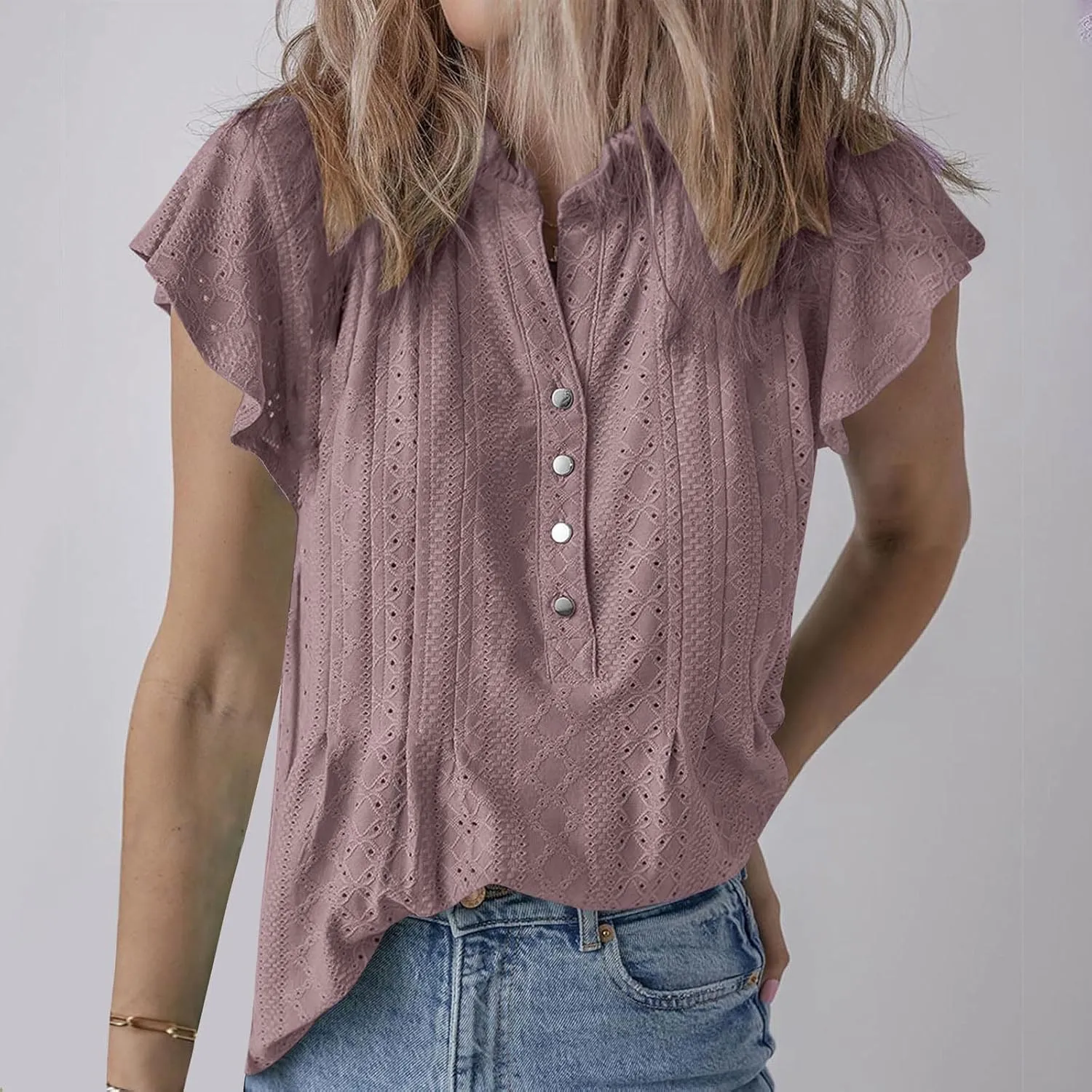 Women's Trendy Mesh Hollow Ventilate Tops Summer Casual Ruffle Sleeve Solid V Neck Button Shirt Daily Loose Top
