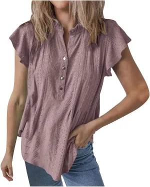 Women's Trendy Mesh Hollow Ventilate Tops Summer Casual Ruffle Sleeve Solid V Neck Button Shirt Daily Loose Top