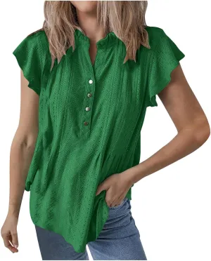 Women's Trendy Mesh Hollow Ventilate Tops Summer Casual Ruffle Sleeve Solid V Neck Button Shirt Daily Loose Top