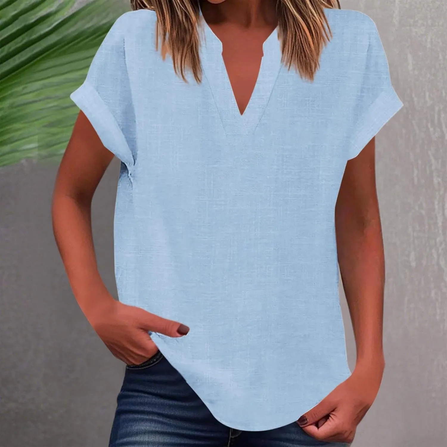 Women's V Neck Short Sleeve Tops Summer Solid Color Loose Shirts Casual Comfy Ventilate Fashion Daily Home Blouse