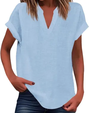 Women's V Neck Short Sleeve Tops Summer Solid Color Loose Shirts Casual Comfy Ventilate Fashion Daily Home Blouse