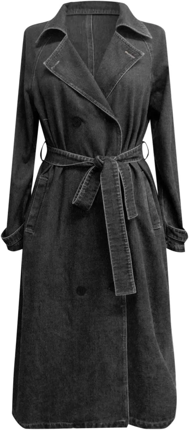Women's Vintage Notched Collar Double Breasted Over Knee Midi Long Denim Jacket Trench Coat with Belt Fall Fashion