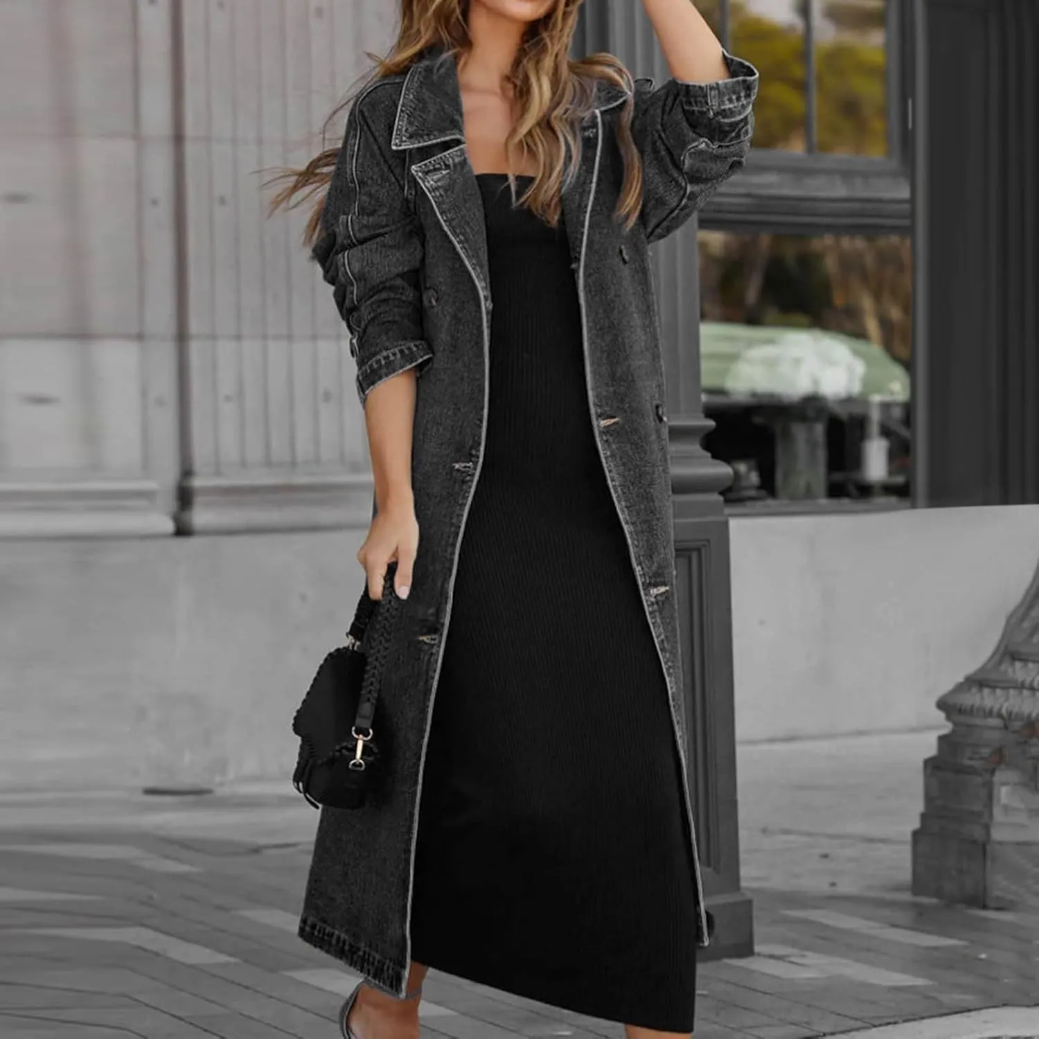 Women's Vintage Notched Collar Double Breasted Over Knee Midi Long Denim Jacket Trench Coat with Belt Fall Fashion