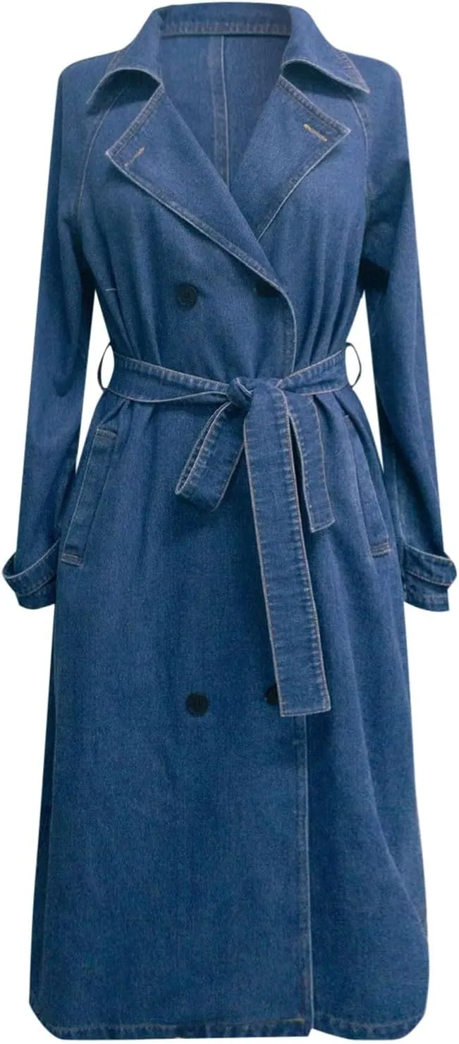 Women's Vintage Notched Collar Double Breasted Over Knee Midi Long Denim Jacket Trench Coat with Belt Fall Fashion