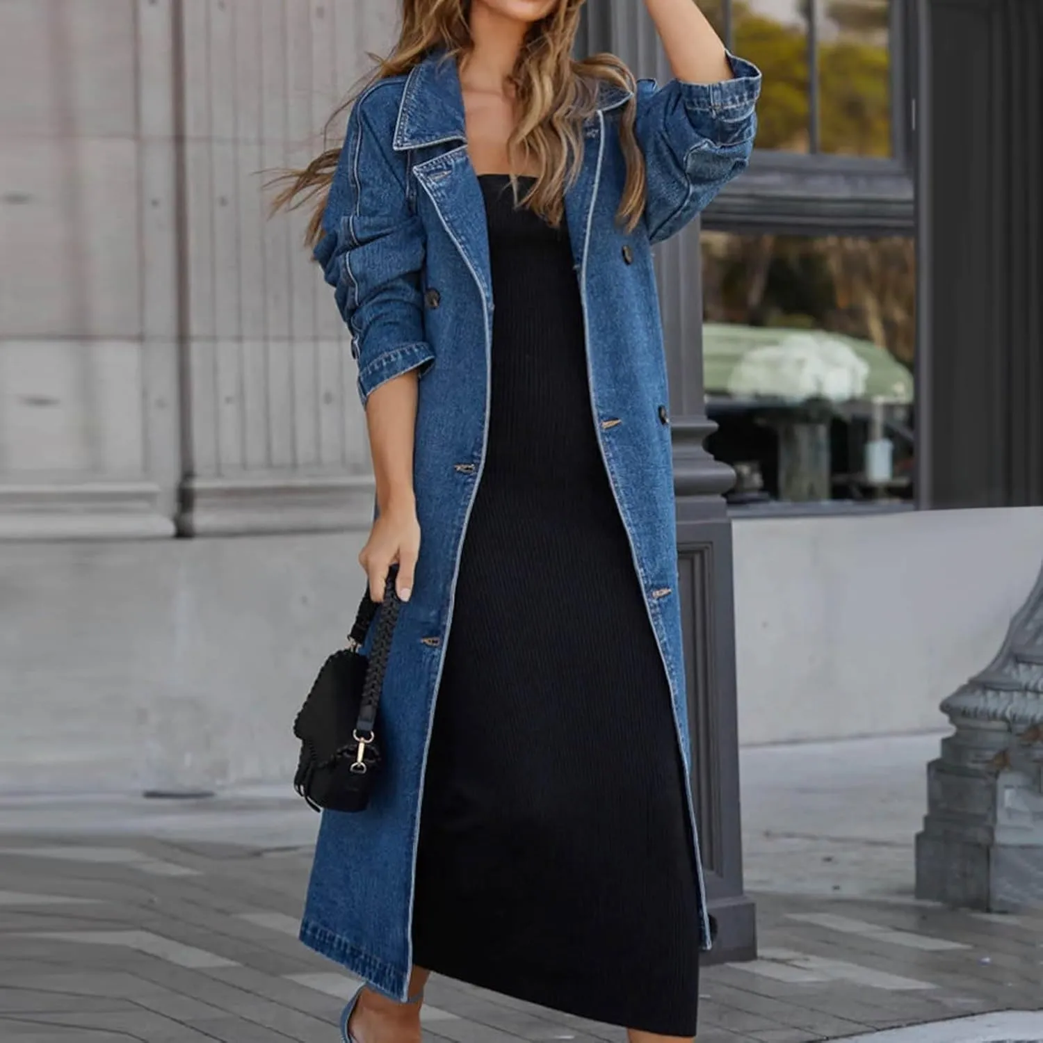 Women's Vintage Notched Collar Double Breasted Over Knee Midi Long Denim Jacket Trench Coat with Belt Fall Fashion