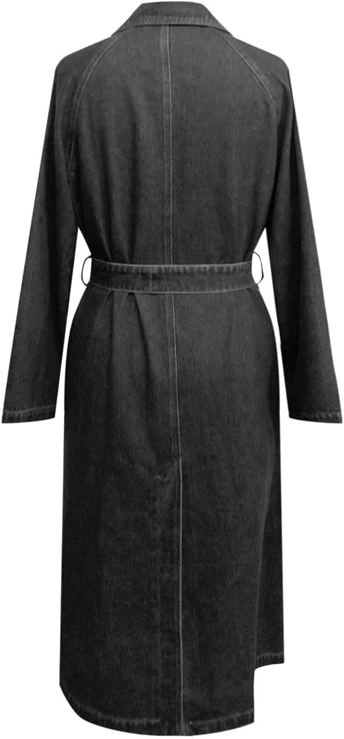 Women's Vintage Notched Collar Double Breasted Over Knee Midi Long Denim Jacket Trench Coat with Belt Fall Fashion