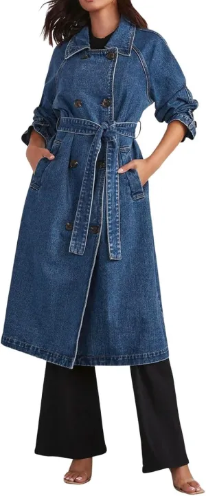 Women's Vintage Notched Collar Double Breasted Over Knee Midi Long Denim Jacket Trench Coat with Belt Fall Fashion