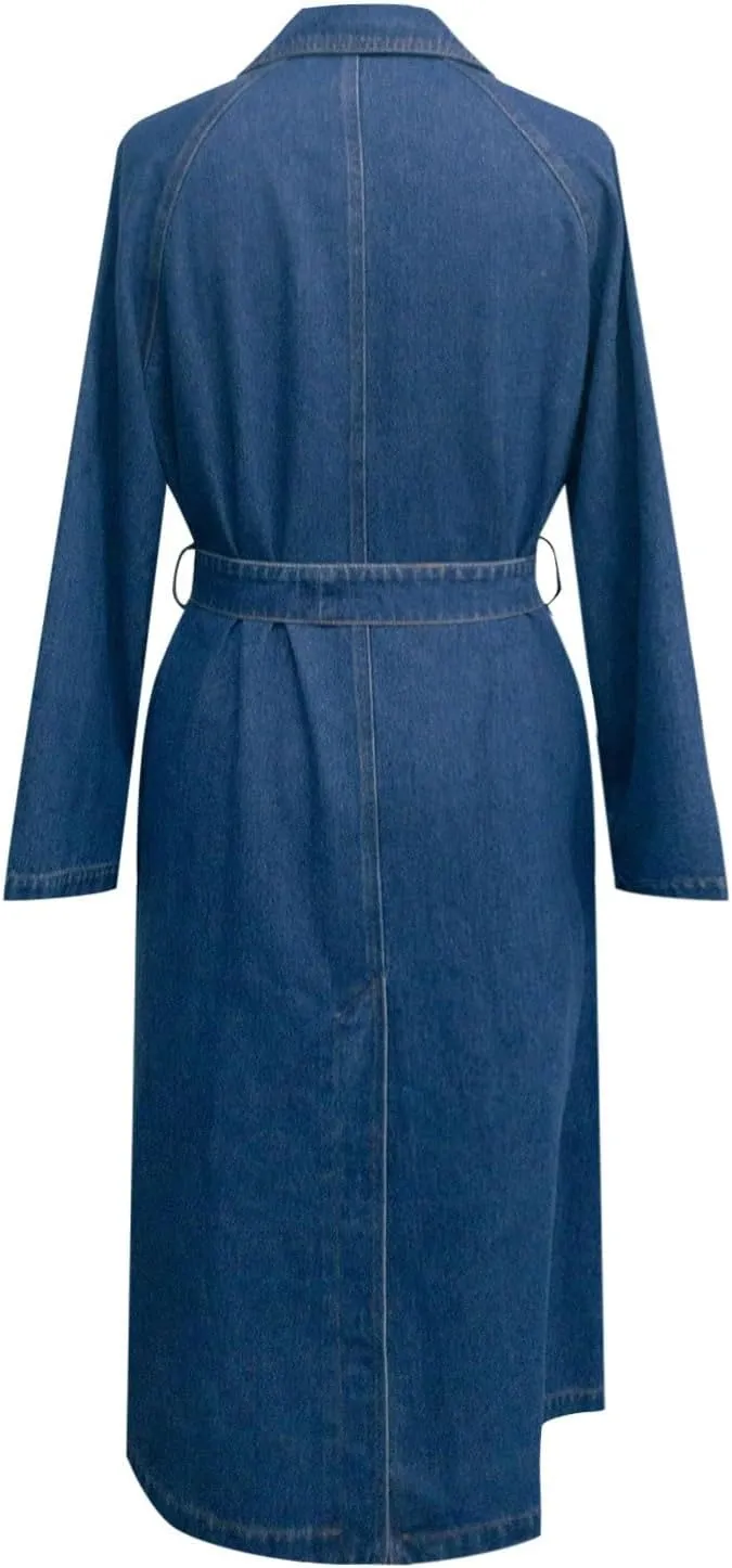 Women's Vintage Notched Collar Double Breasted Over Knee Midi Long Denim Jacket Trench Coat with Belt Fall Fashion