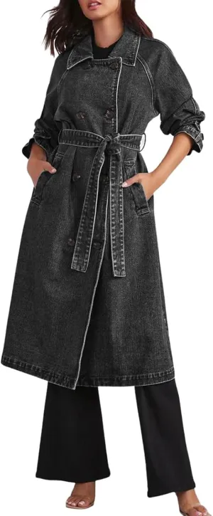 Women's Waterproof Trench Coat Long Double Breasted Windbreaker Classic Belted Lapel Overcoat with Removable Hood