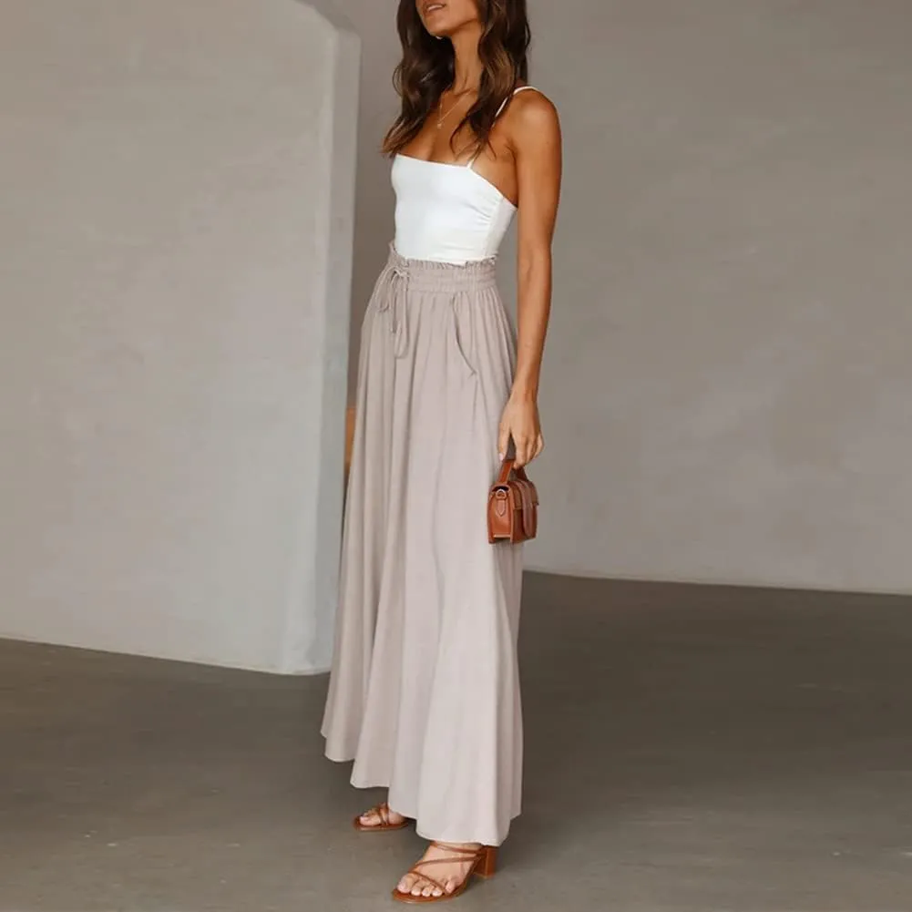 Womens Wide Leg Pants Casual Loose Drawstring Elastic Waist Beach Culottes Pants