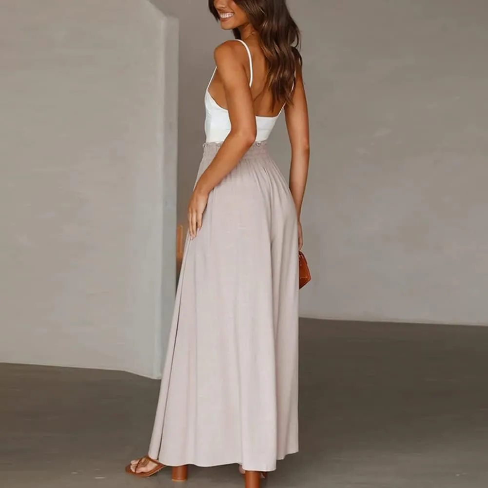 Womens Wide Leg Pants Casual Loose Drawstring Elastic Waist Beach Culottes Pants