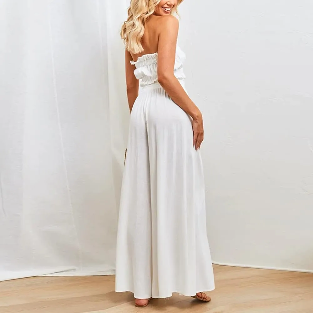 Womens Wide Leg Pants Casual Loose Drawstring Elastic Waist Beach Culottes Pants