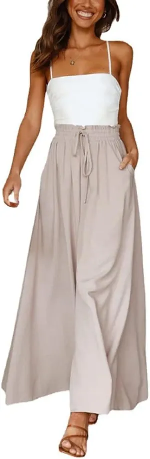 Womens Wide Leg Pants Casual Loose Drawstring Elastic Waist Beach Culottes Pants
