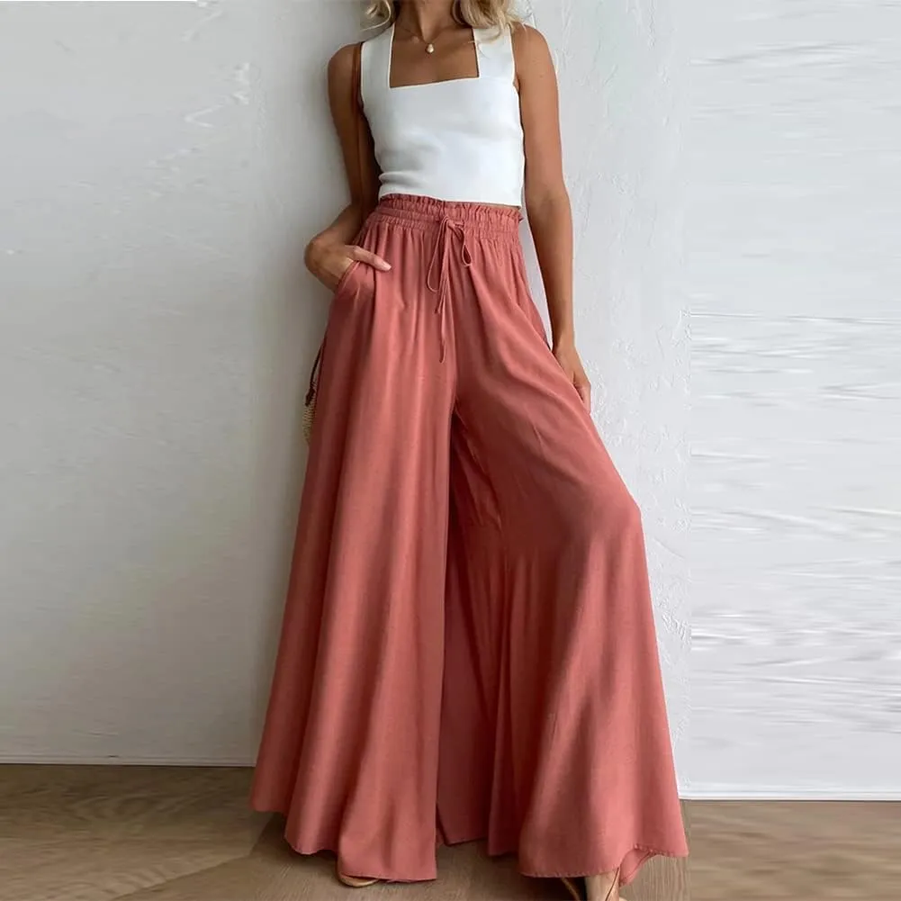 Womens Wide Leg Pants Casual Loose Drawstring Elastic Waist Beach Culottes Pants