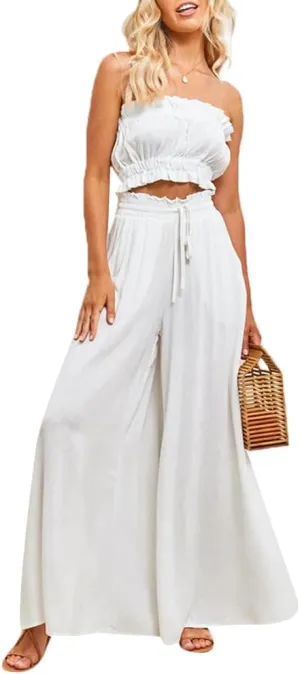Womens Wide Leg Pants Casual Loose Drawstring Elastic Waist Beach Culottes Pants